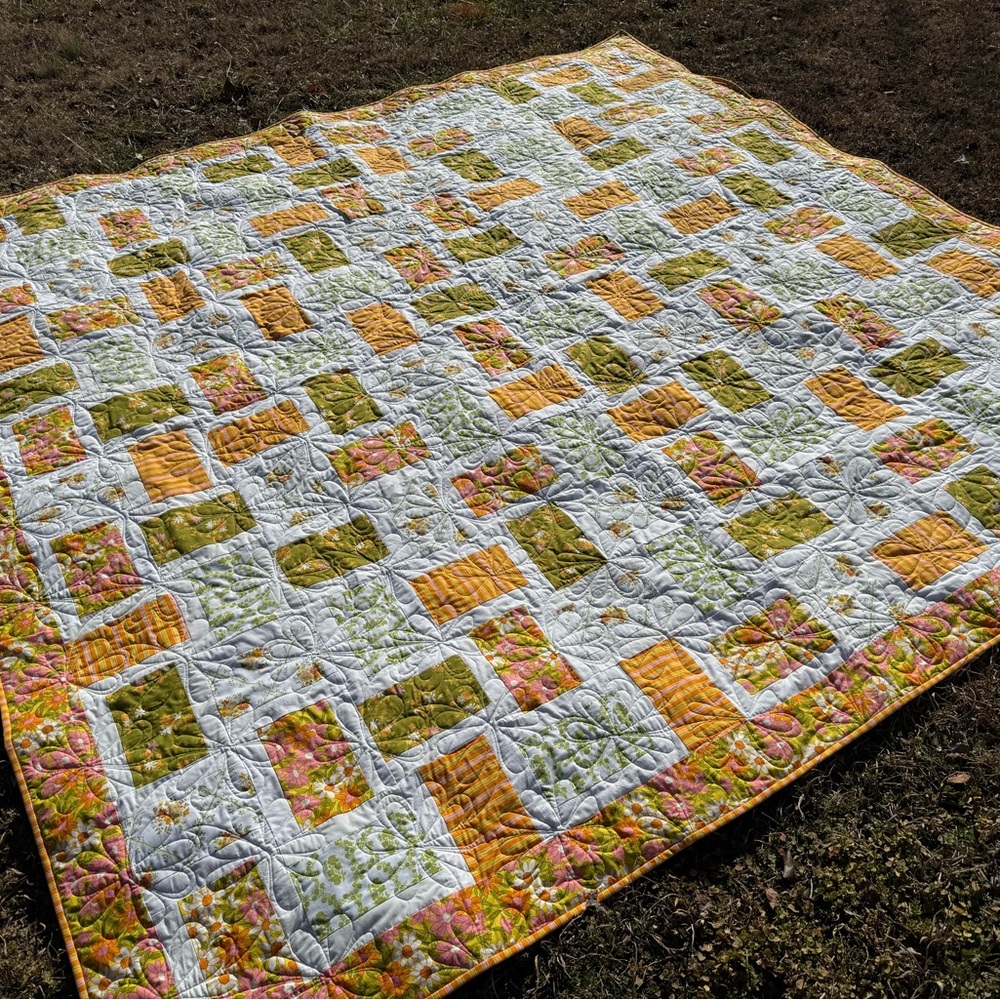 Handmade Patchwork Quilt in Yellow and Green Made with Retro Themed Fabrics